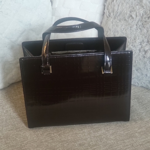 Burberry Handbags - BURBERRY Check Pattern HandBag Dark Brown Enamel..w/COA.